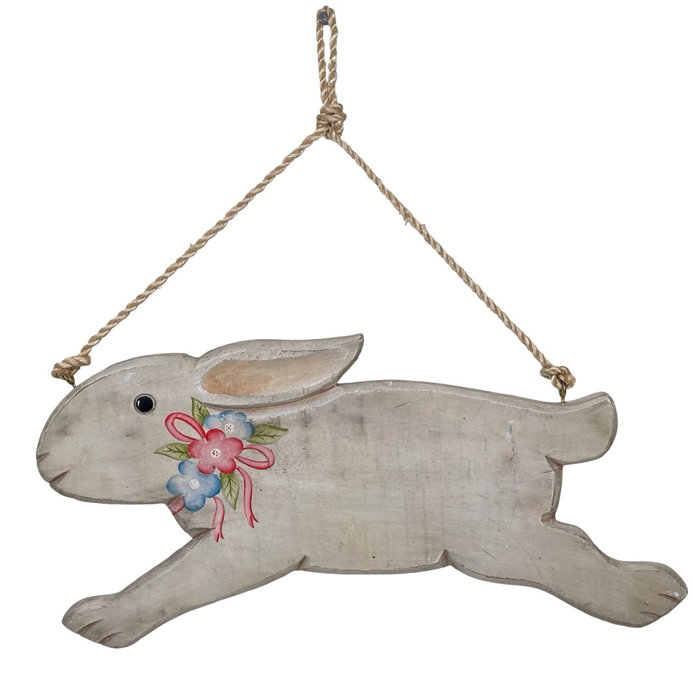 Vintage Wooden Bunny Rabbit Wall Hanging Hand Painted Floral Rustic Farmhouse
